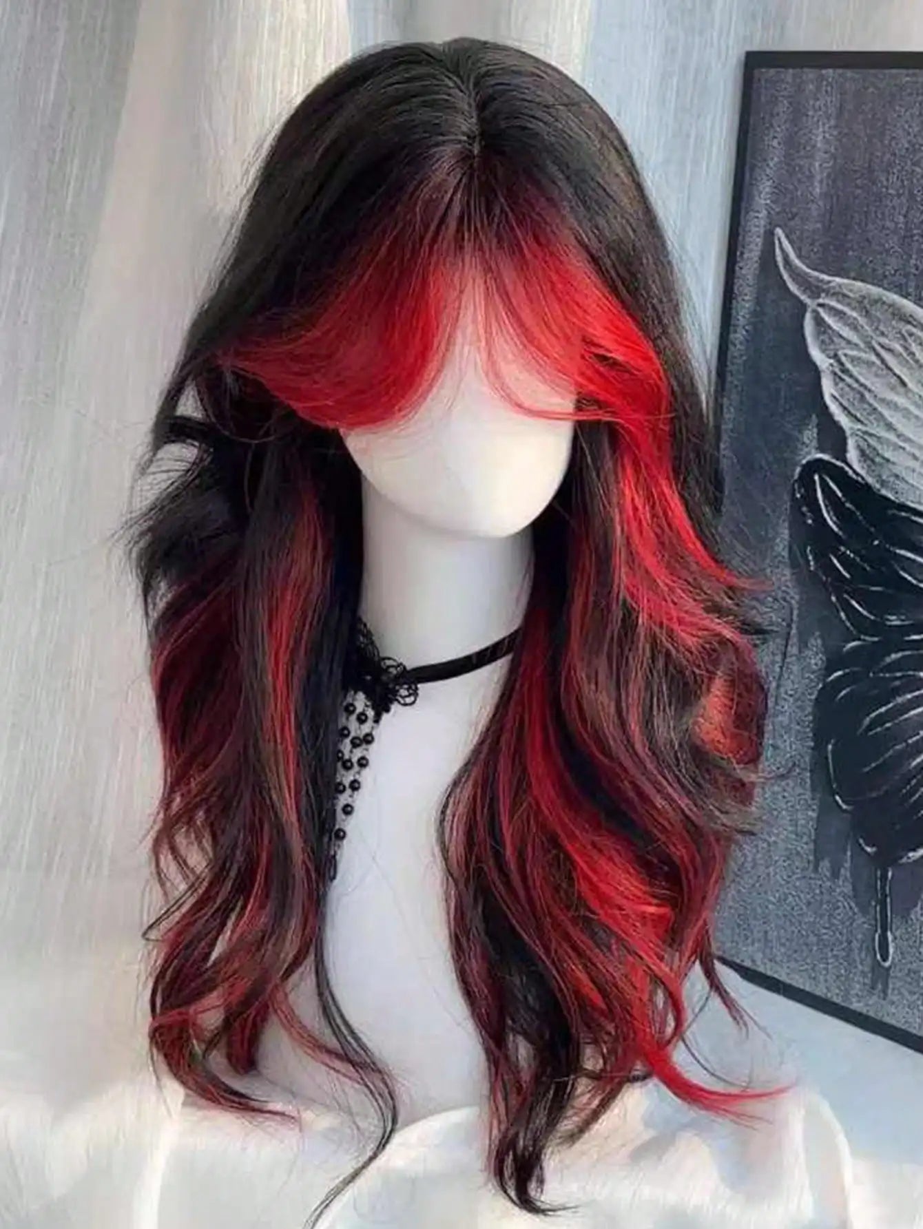 Synthetic Black Red Wig Ladies Middle Part Natural Large Waves Long Curly Hair Daily Cosplay High Temperature Silk Headgear