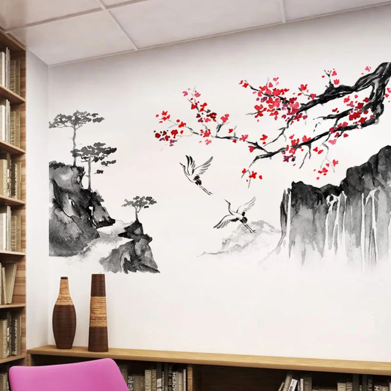 Chinese Wind Ink Landscape Painting Art Wall Stickers Crane Bedroom Living Room Home Decoration Self-adhesive Wall Decals