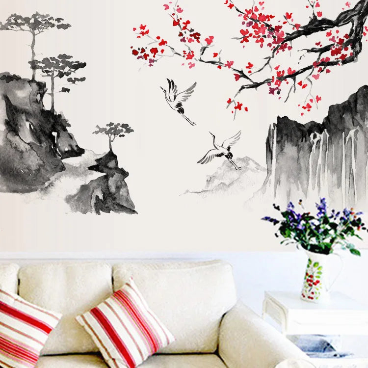 Chinese Wind Ink Landscape Painting Art Wall Stickers Crane Bedroom Living Room Home Decoration Self-adhesive Wall Decals