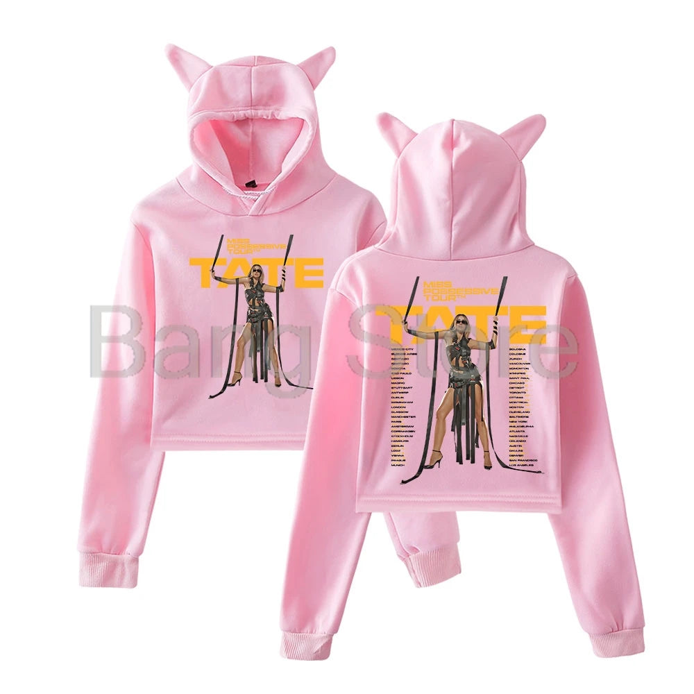 Tate Mcrae Miss Possessive Tour Cat Ear Hoodie Women Long Sleeve Sweatshirts Female Casual Streetwear Crop Tops