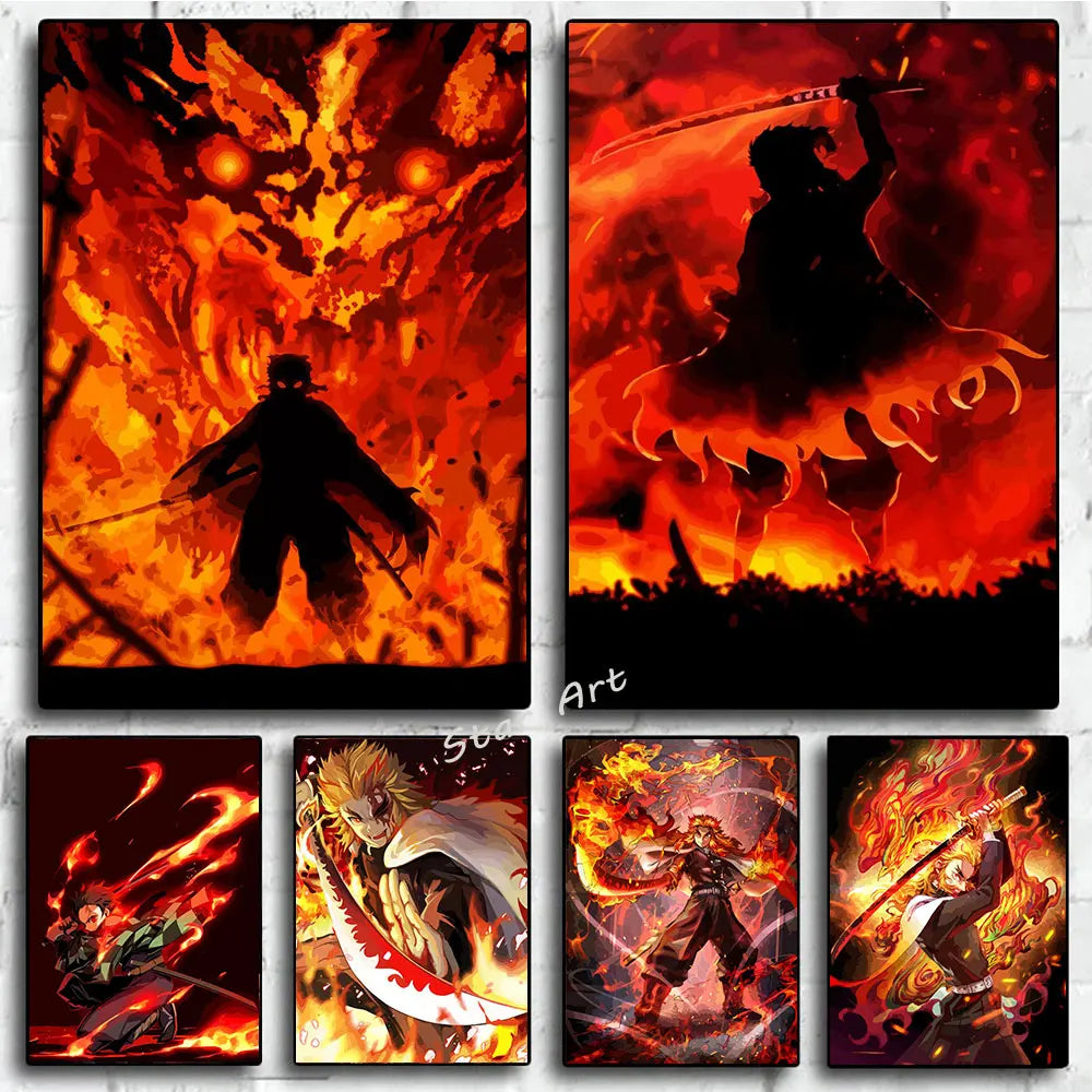 Japanese Anime Demon Slayer Abstract Poster Print Characters Rengoku Tanjiro Canvas Painting Wall Art Pictures Room Home Decor