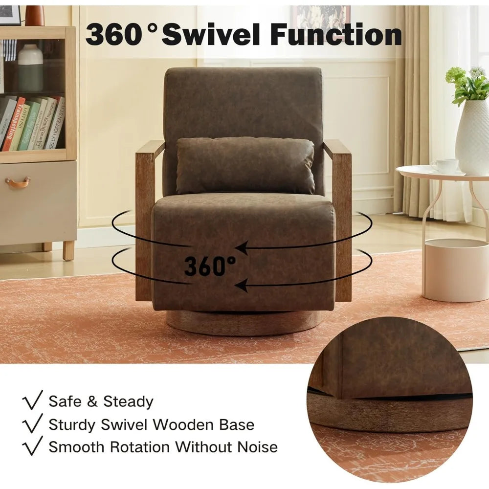 30.3" Leather Swivel Accent Arm Chair Mid Century Modern Living Room Chair with Solid Wood Base  Armrest Living Room Sofas