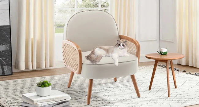 Mid Century Modern Accent Chairs Set of 2 Upholstered Rattan Arm Chairs Faux Leather Reading Chairs for Living Room Bedroom