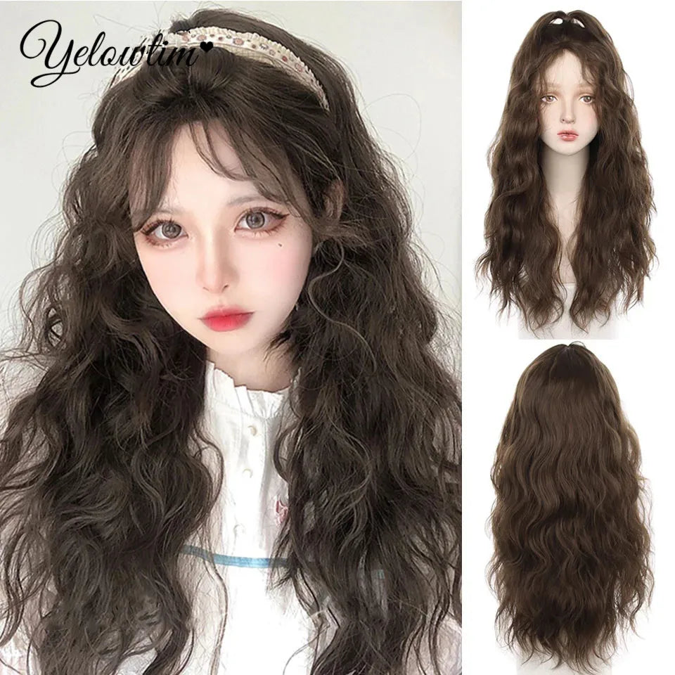 Synthetic Black Red Wig Ladies Middle Part Natural Large Waves Long Curly Hair Daily Cosplay High Temperature Silk Headgear
