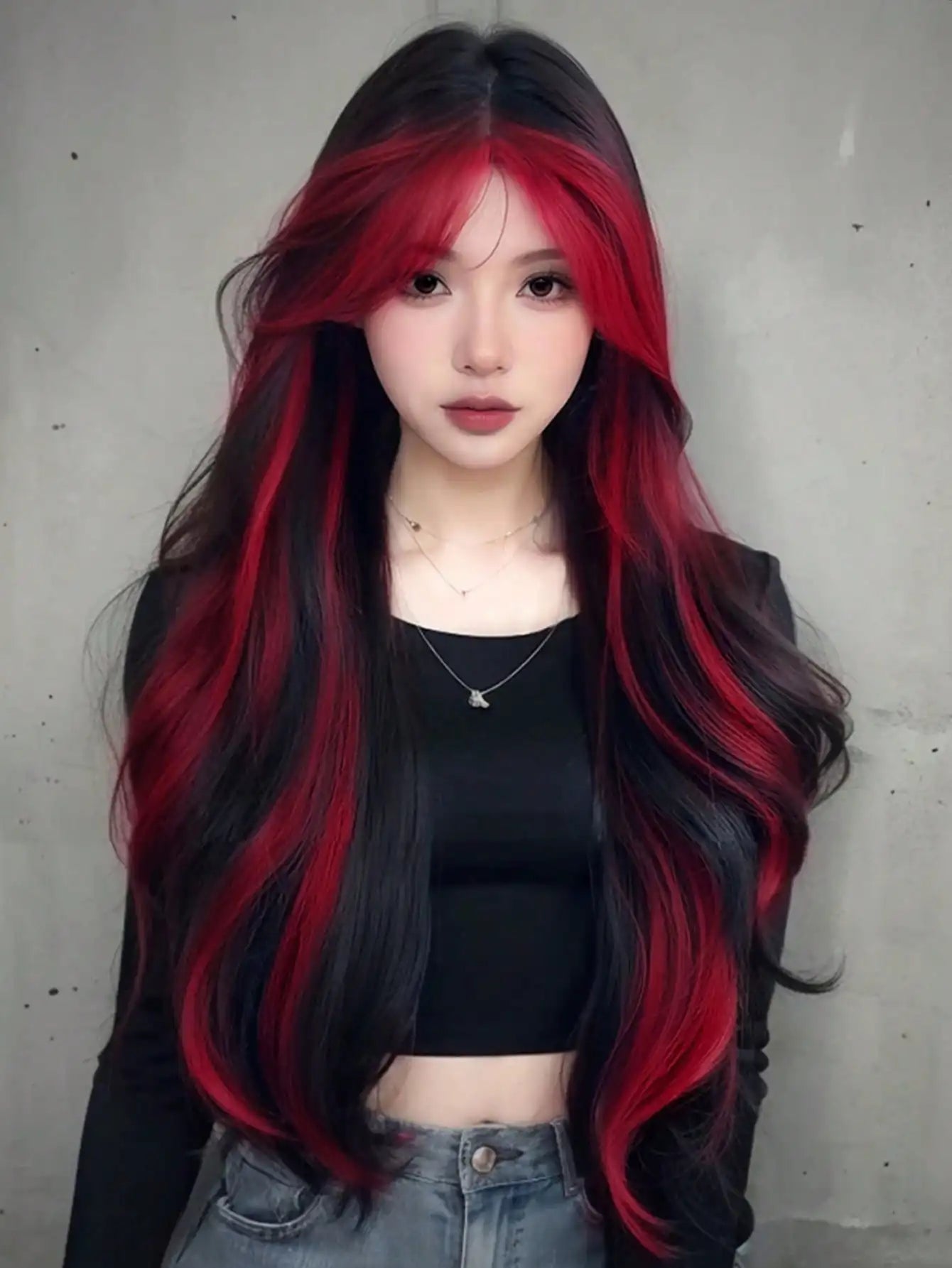Synthetic Black Red Wig Ladies Middle Part Natural Large Waves Long Curly Hair Daily Cosplay High Temperature Silk Headgear