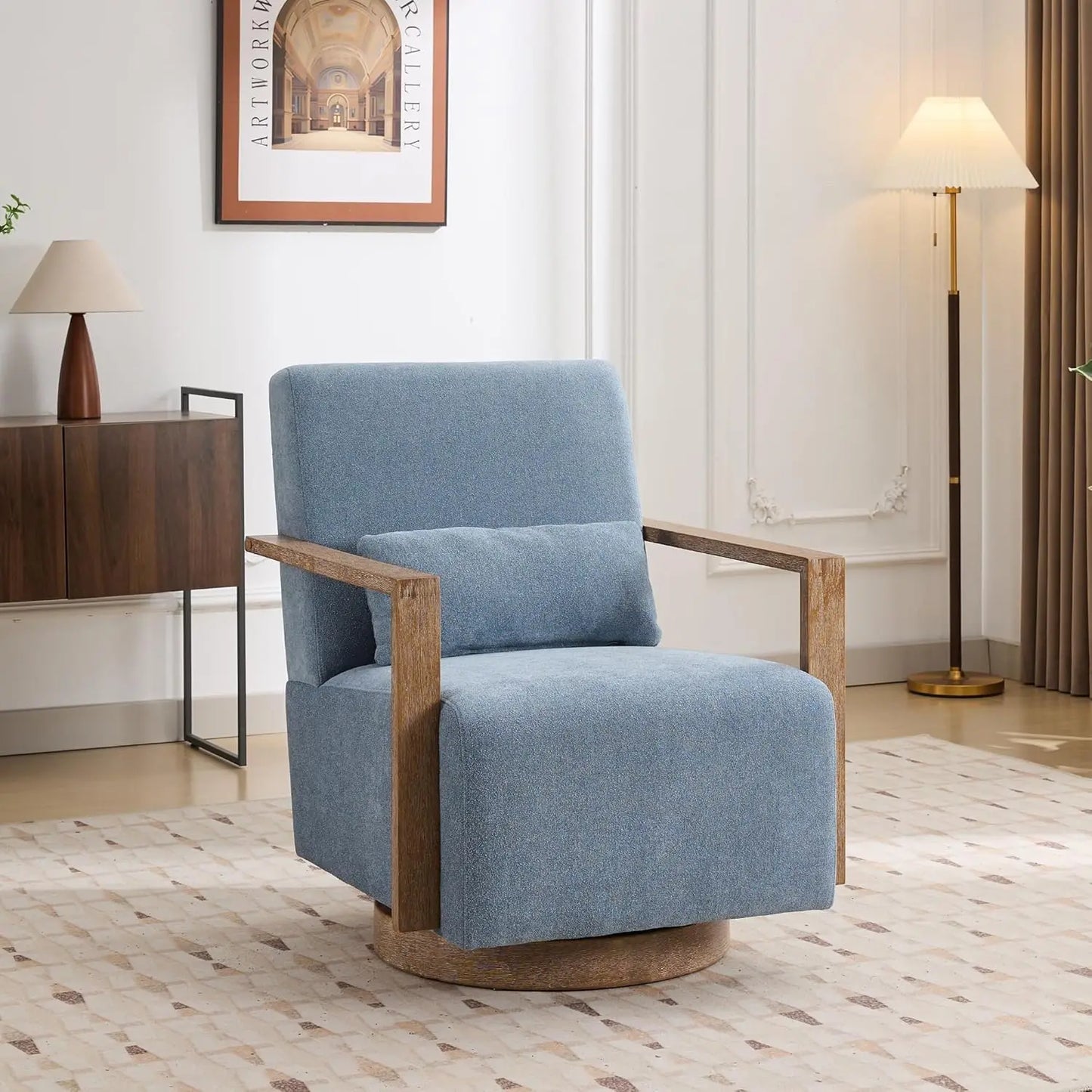 30.3" Leather Swivel Accent Arm Chair Mid Century Modern Living Room Chair with Solid Wood Base  Armrest Living Room Sofas