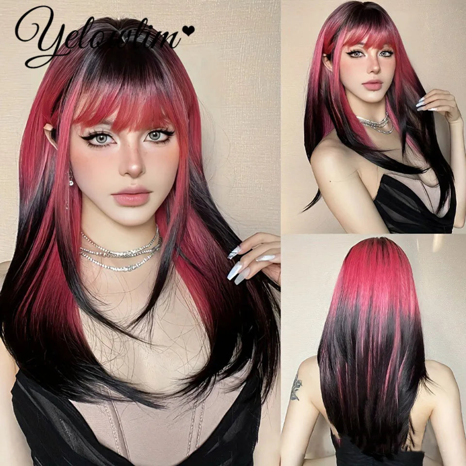 Synthetic Black Red Wig Ladies Middle Part Natural Large Waves Long Curly Hair Daily Cosplay High Temperature Silk Headgear