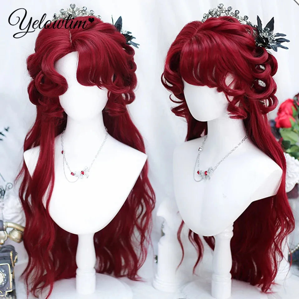 Synthetic Black Red Wig Ladies Middle Part Natural Large Waves Long Curly Hair Daily Cosplay High Temperature Silk Headgear